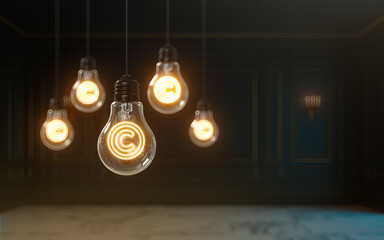 3d rendering copyright icon glow inside light bulb premium cover photo background