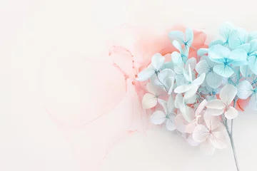 Rolgordijnen Creative image of pastel blue and pink Hydrangea flowers on artistic ink background. Top view with copy space © tomertu