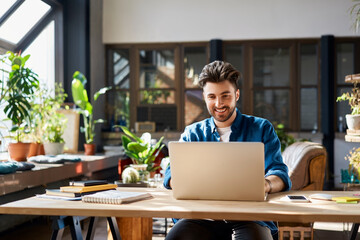 Happy businessman working on laptop at desk in office