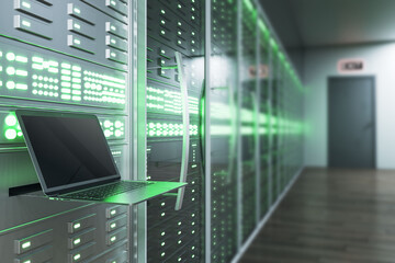 Blank laptop computer in illuminated server room interior. Internet, engineering and data concept. 3D Rendering.