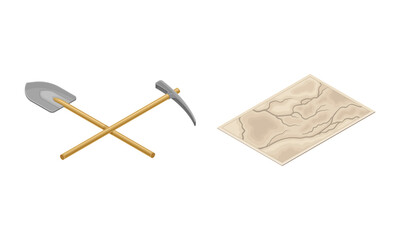 Mining geological industry tools set. Shovel, pickaxe and map vector illustration