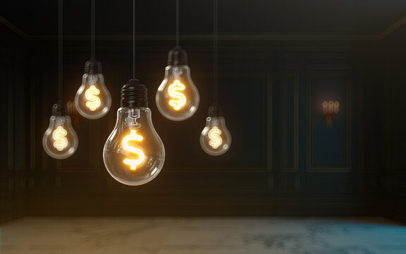 3d rendering dollar icon glow inside light bulb premium cover photo background for social media post