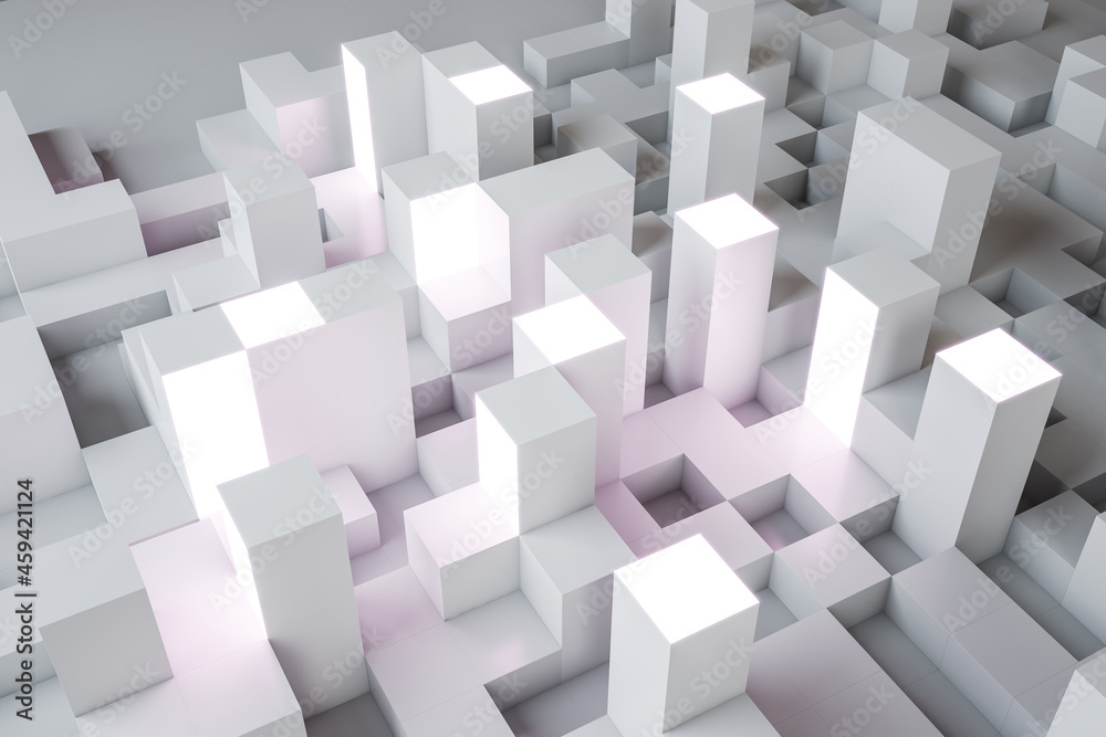 Poster Abstract white geometric background with cubes. Design and landing page concept. 3D Rendering.