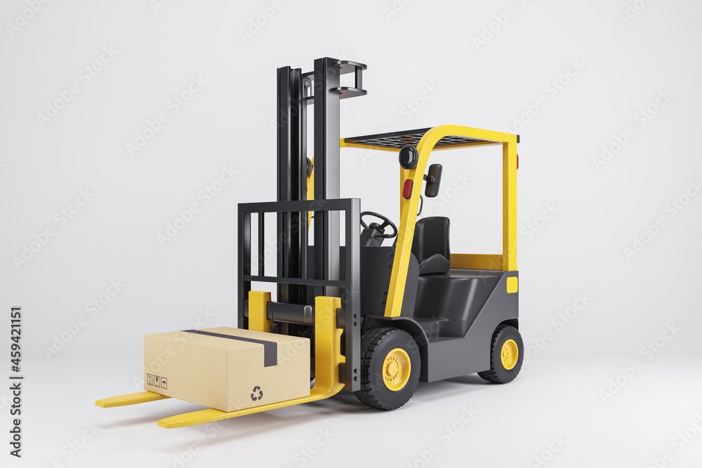 Poster creative 3d rendering of modern forklift vehicle on light background. warehouse and transportation c