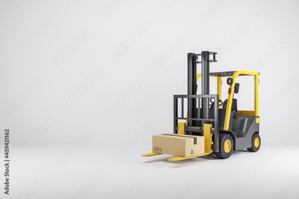 Aufkleber Creative 3D Rendering of modern forklift vehicle on light background with mock up place for your advertisement. Warehouse and transportation concept.