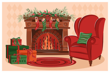 Christmas living room interior with fireplace, armchair, boxes with gifts, christmas decorations. Merry Сhristmas and New Year holiday. Cozy winter vector illustration