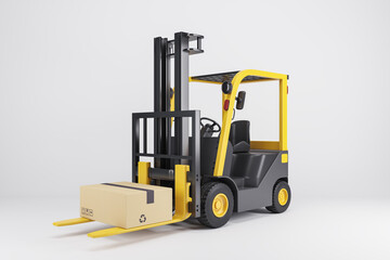 Creative 3D Rendering of modern forklift vehicle on light background. Warehouse and transportation concept.