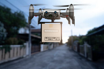 Drone technology engineering device industry flying in industrial logistic export import product home delivery service logistics shipping transport transportation or car auto parts 3D rendering