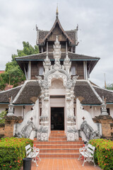 Landscape view of traditional Lanna style buddhist temple on the grounds of famous landmark Wat Chedi Luang, Chiang Mai, Thailand
