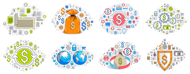 Different business money and finance concepts vector illustrations set, trendy design drawings commercial theme collection, a lot of icons and symbols included, elements can be used separately.