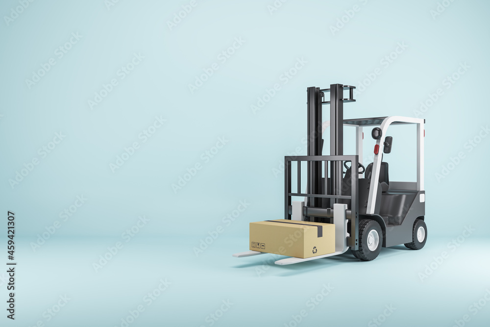 Poster Creative 3D Rendering of modern forklift vehicle on blue backdrop with mock up place for your advertisement. Warehouse and transportation concept.
