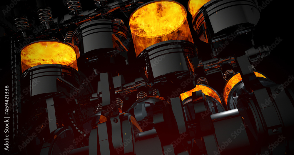 Fototapete Close Up V8 Engine With Sparks, Explosions And Flames. Machines And Industry 3D Illustration Render.