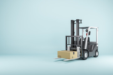 Creative 3D Rendering of modern forklift vehicle on blue backdrop with mock up place for your advertisement. Warehouse and transportation concept.