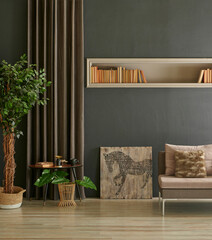 Modern stone wall with niche book vase of plant curtain and furniture style, home design, interior decor.
