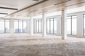 Modern empty concrete room interior with windows, city view, sunlight, wooden flooring and shadows. 3D Rendering.