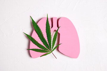 Human lungs with marijuana leaf on white background. Medical marijuana symbol.