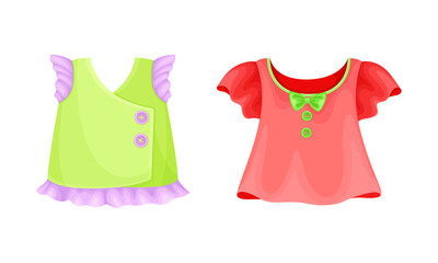 Summer clothes for little girl set. Red and green cotton blouses cartoon vector illustration