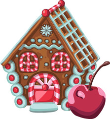 Postcard with hand drawnin gingerbread house isolated on night background. Christmas cookies and snowflakes.
