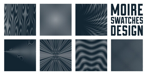 Moire vector abstract backgrounds set, linear contrast virtual digital effect images, hypnotic texture, optical art trendy modern style, black and white distorted grid.