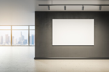 Blank wall with mock up frame in modern office interior with window and city view. 3D Rendering.
