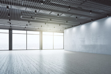 Clean empty interior with windows, city view and daylight. Design concept. 3D Rendering.
