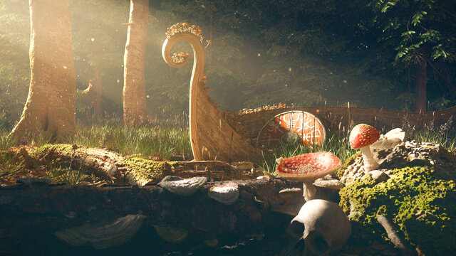 Viking ship Drakkar covered by mushrooms lost in a forest with an ancient shield in beautiful sunlight and a hided trees deer in the wood, foreground out of focus - concept art - 3D rendering