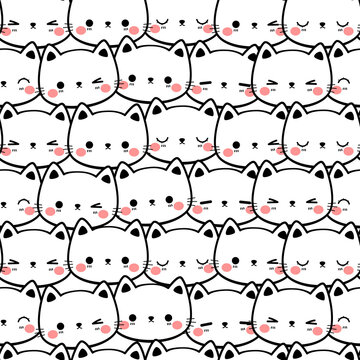 Seamless pattern background wallpaper with cute kitty cat cartoon doodle