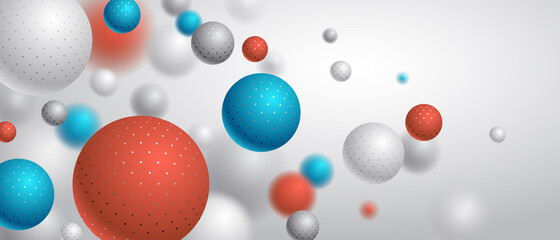 Abstract dotted spheres vector background, composition of flying balls decorated with dots, 3D mixed realistic globes, realistic depth of field effect.