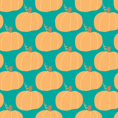 Fall pumpkin vector seamless pattern repeat on teal background. Bright autumn illustration for fabric, wrapping