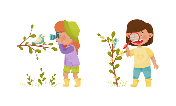 Cute kids exploring animals in forest or park set. Nature lovers photographing and looking through magnifying glass cartoon vector illustration