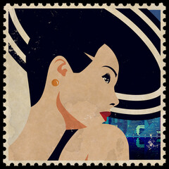 Postage stamp with fashion woman in style pop art. Vintage illustration - 459422720