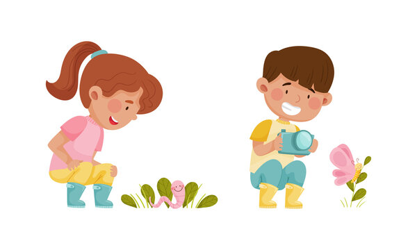 Cute boy and girl exploring insects in nature cartoon vector illustration
