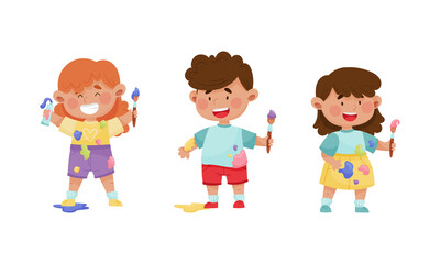 Cute funny creative boy and girls in stained clothes painting with brushes set cartoon vector illustration