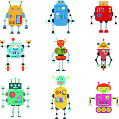 Set of hand drawn robot characters.Different cute robots. Vector illustration