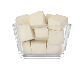 Glass bowl with delicious tofu isolated on white