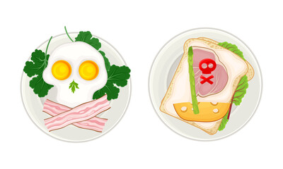 Creative meal dishes for kids served on plates set. Serving Ideas for healthy breakfast. Fried eggs and sandwich cartoon vector illustration