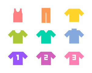 Tシャツ,タンクトップ,パンツ,ユニフォーム,背番号のシンプルなアイコンのセット。パステルカラーのシルエットで描いたイラスト。