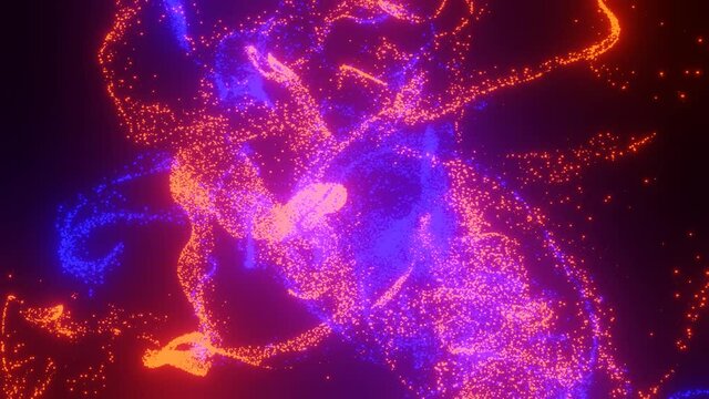 Hypnotic, colourful particles dancing in front of a black background. Stunning 4k red and blue glowing particles shimmering as they fly around in 3d space. Abstract motion background.