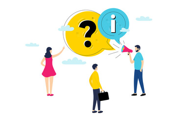 Information and question illustration. Online Faq communication, getting help information, answering questions. Faq conceptual illustration of people. Help qa info symbol. Question mark icon. Vector