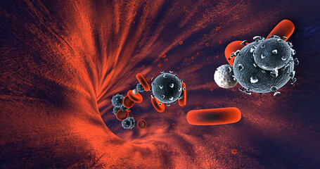 Human Vein Of A Unhealthy Infected Person. Viruses And blood Cells Flowing. Science And Health Related High Quality 3D Illustration Render.