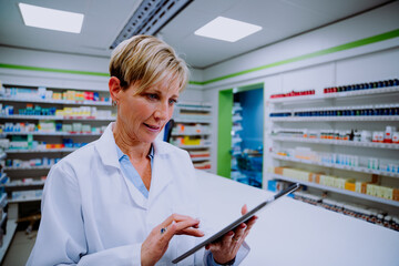 Caucasian pharmacist scrolling through digital tablet standing behind medication counter in...