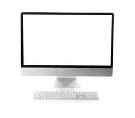 Modern computer with blank monitor screen and keyboard on white background