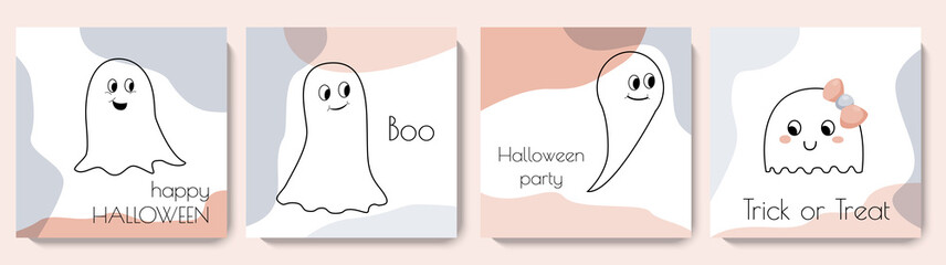 Cute Ghost Halloween card set template. Trick or treat, Happy holiday collection of modern posters or banner. Vector cartoon illustration
