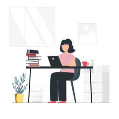 The lady sitting on the chair and working.work from home.freelance working online.vector design.