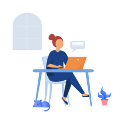 The lady sitting on the chair and working.work from home.freelance working online.vector design.