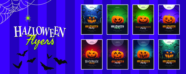 Collection of Halloween flyers, set of eight graphic templates for posters with pumpkins in dark graveyard. Bats, spiders, tombstones, webs and spooky trees. 