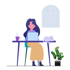 The lady sitting on the chair and working.work from home.freelance working online.vector design.