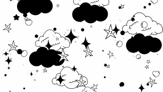 Looped cute cartoon doodle smiling stars and black clouds on white background animation.