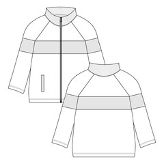 Long sleeve sweatshirt Jacket with chest cut and saw  technical fashion flat sketch vector illustration template front, back views. Fleece cotton jersey Apparel clothing mock up for men's and boys. © ClothingArtStudio 