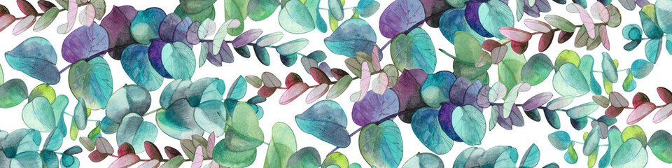 Watercolor background of eucalyptus twigs. Hand drawn bright crisp elements. For prints, publications, labels and wrapping paper